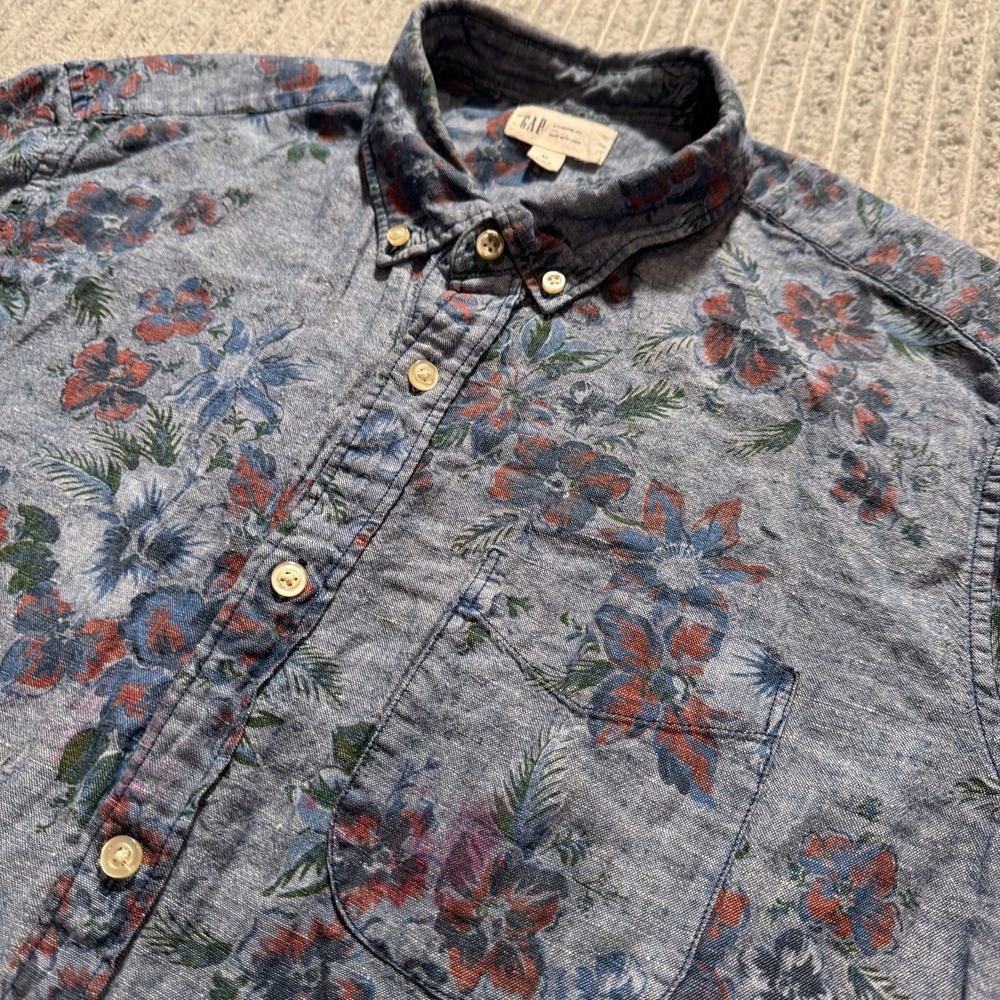 Gap Shirt Mens XL Blue Floral Linen Blend Short Sleeve Button Down Costal Preppy